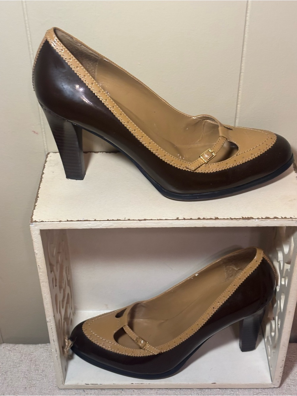 Lauren Ralph Lauren Brown and Tan Mary Jane Heeled Pumps - Picture 6 of 11
